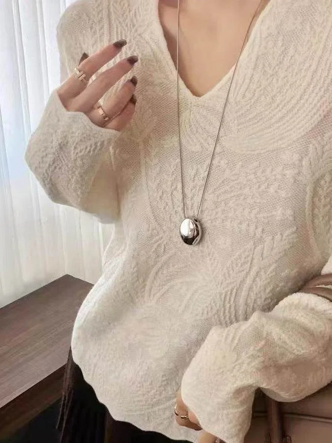 

Весенне-осенний вязаный шерстяной свитер с кружевным цветочным узором и V-образным вырезом для женщин, свободный, модный, универсальный, с длинными рукавами