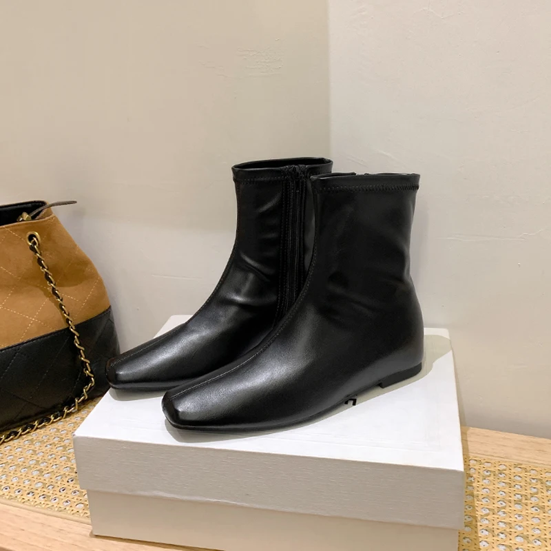 

ankle Boots Woman Shoes autumn winter zip wedges modern Boot leather square toe short Boots fashion elevator shoes black brown