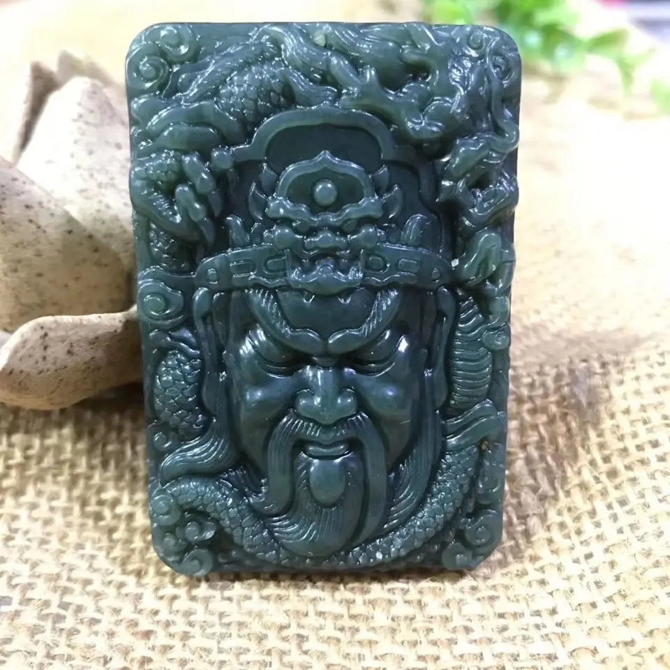 

Подвеска Hotan Jade Blue Jade Overlord Guan Gong, двухсторонняя резная цепочка из бисера для семьи и друзей, охрана дома богатства