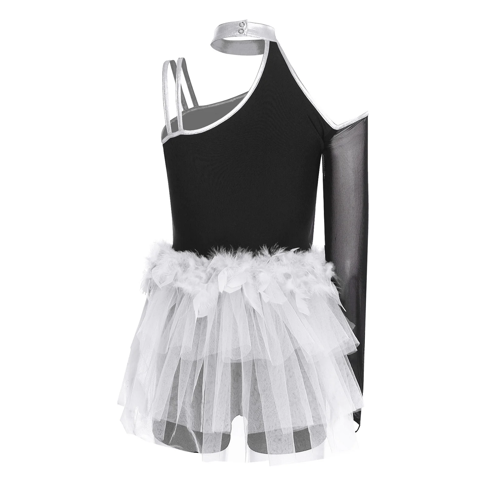 Spanischer Tanz-Body für Damen, One-Shoulder-Langarm-Strampler mit Pailletten und Federn, Overall für lateinamerikanischen Tanz, Chacha, Samba-Auftritt