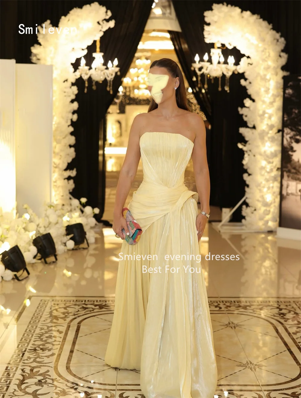 Smileven Luxury Noval Liquid A Line Evening Dress Pleat Formal Prom Dresses Yellow Birthday Party Gowns Customized 2026