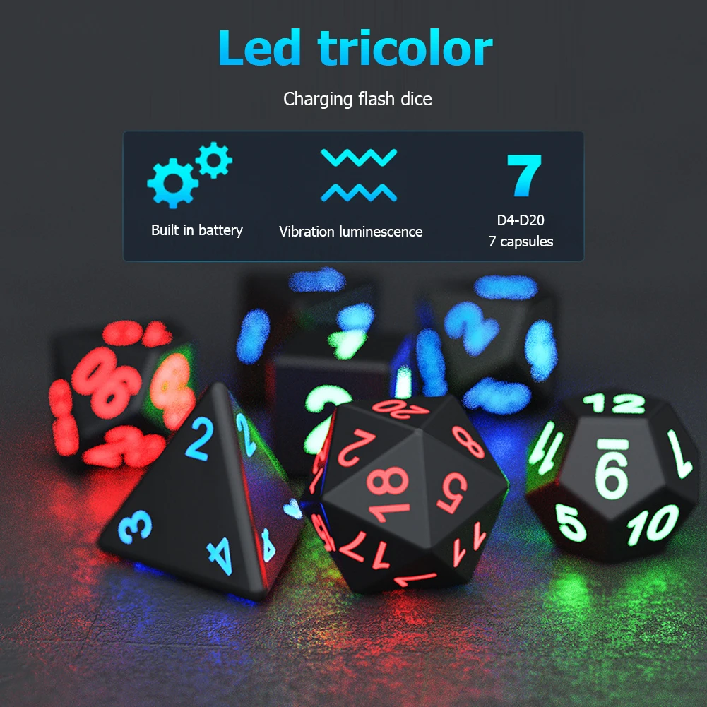 7Pcs/Set Electronic Dice USB Rechargeable Luminous Dice Glow In The Dark LED DND Dices RPG Polyhedral Dice Board Game Party Toys