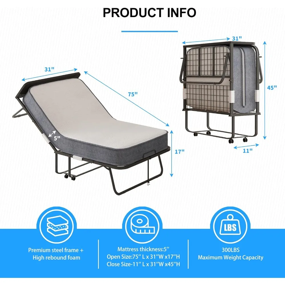 سرير قابل للطي مع 5 مرتبة للبالغين، سرير قابل للطي مقاس 75 × 38 مع حقيبة مقاومة للغبار وإطار معدني، أسرة إضافية قابلة للطي