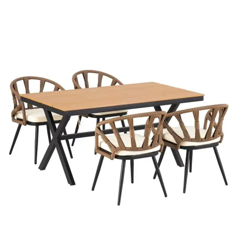 Modern Outdoor Furniture Set PE Chairs Plastic Wood Table Garden Lawn Patio