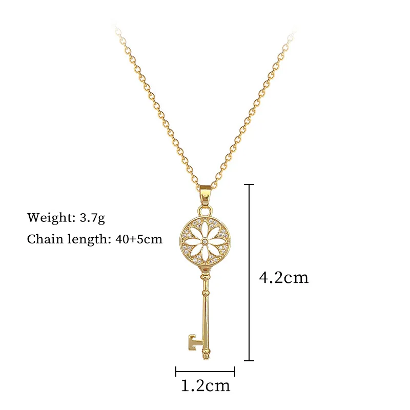 Stainless Steel Chain Classic Shiny Zircon Key Pendant Necklace for Women Lady Vintage Jewelry Accessories Gifts