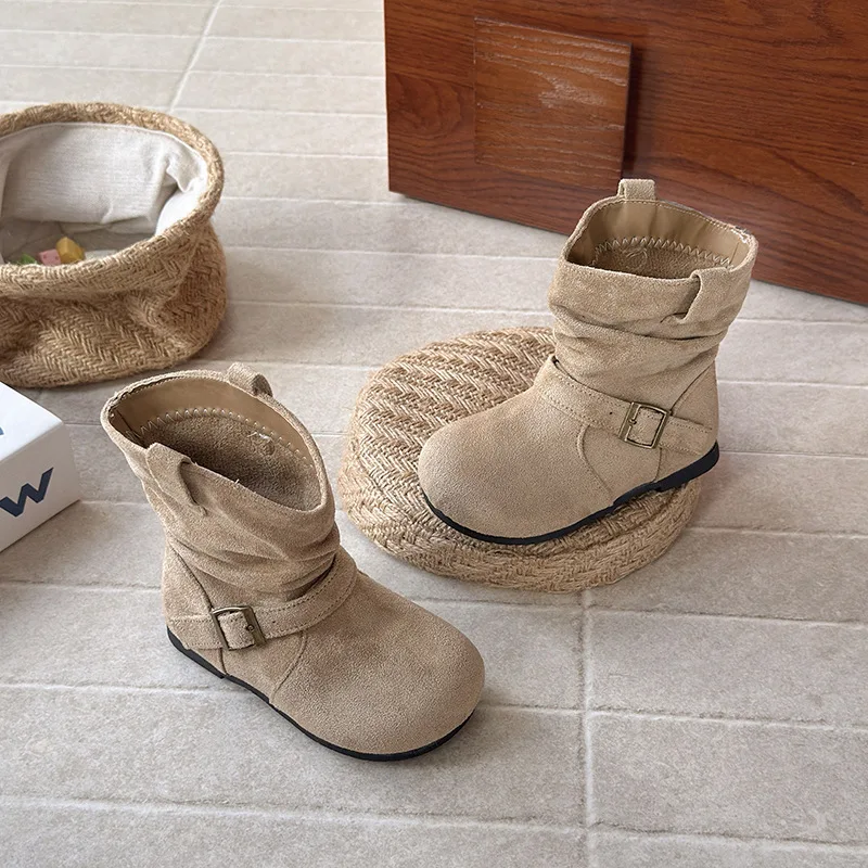 Kids'Boots Buckle PU Leather Winter Fashion Outdoor Thick Bottom Shoes For Children Warm Anti-slip White Brown Size 23-34