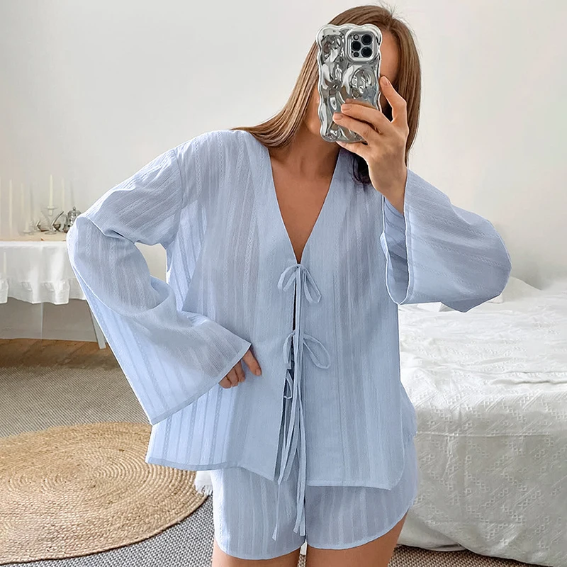 

Tornova Fashion Lace Up Cardigan Shorts Two Pieces Set Female Jacquard Long Sleeve Top Casual Home Clothes Shorts Pajamas Set