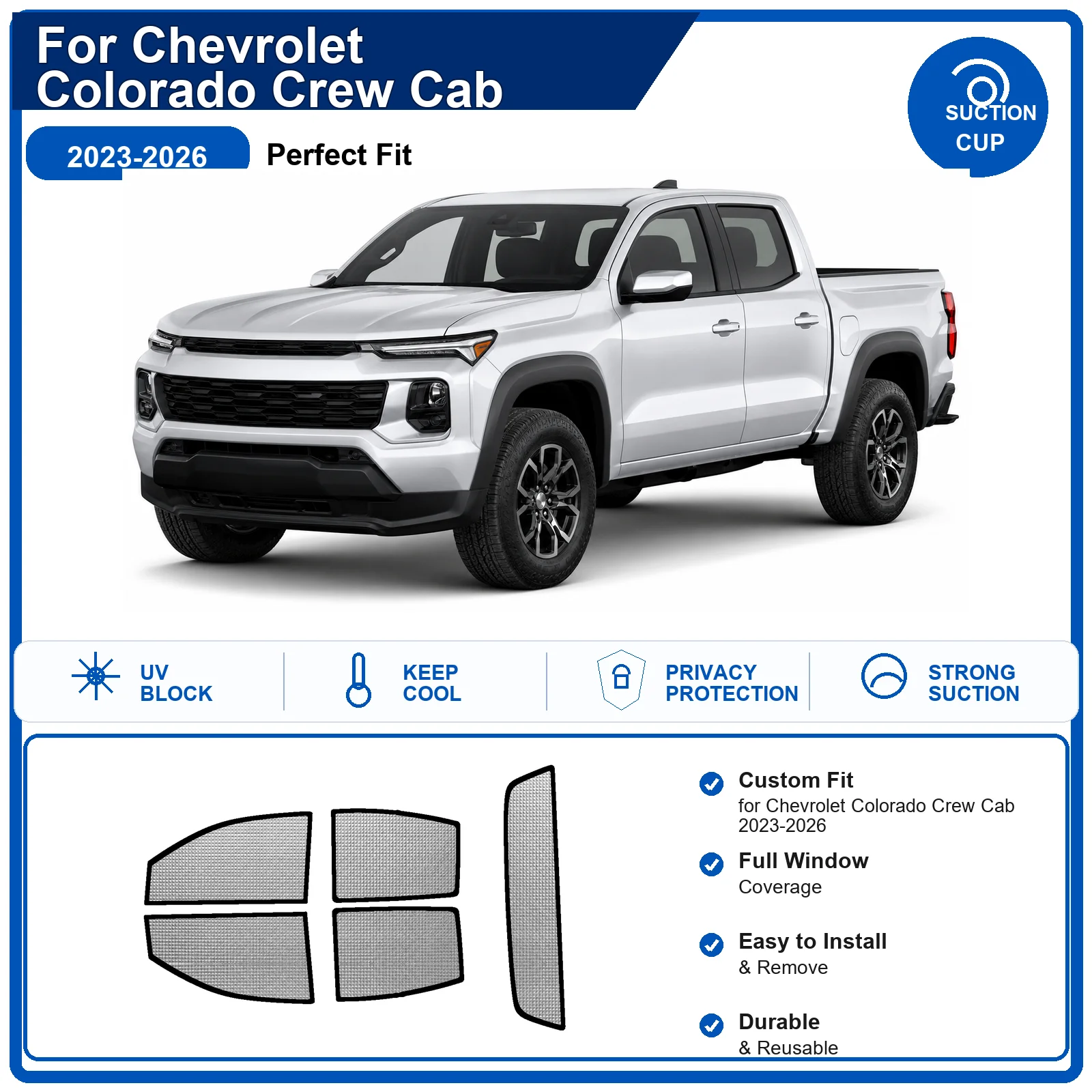 For Chevrolet Colorado Crew Cab 2023-2026 Custom Full Set Windshield Sun Shade Aluminum Foil Heat Insulation Anti UV Foldable