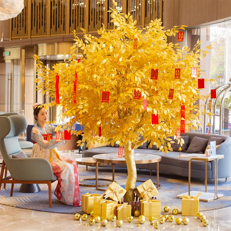 

Simulated golden banyan tree cash wishing tree large fake fortune new year red envelope shopping mall