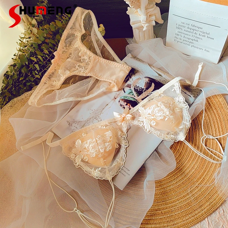 

Beautiful Back Strap Girl Bra Set Women French Style Sexy Pure Desire Intimates Lady Triangle Cup Lace Ultra Thin Brief Suits
