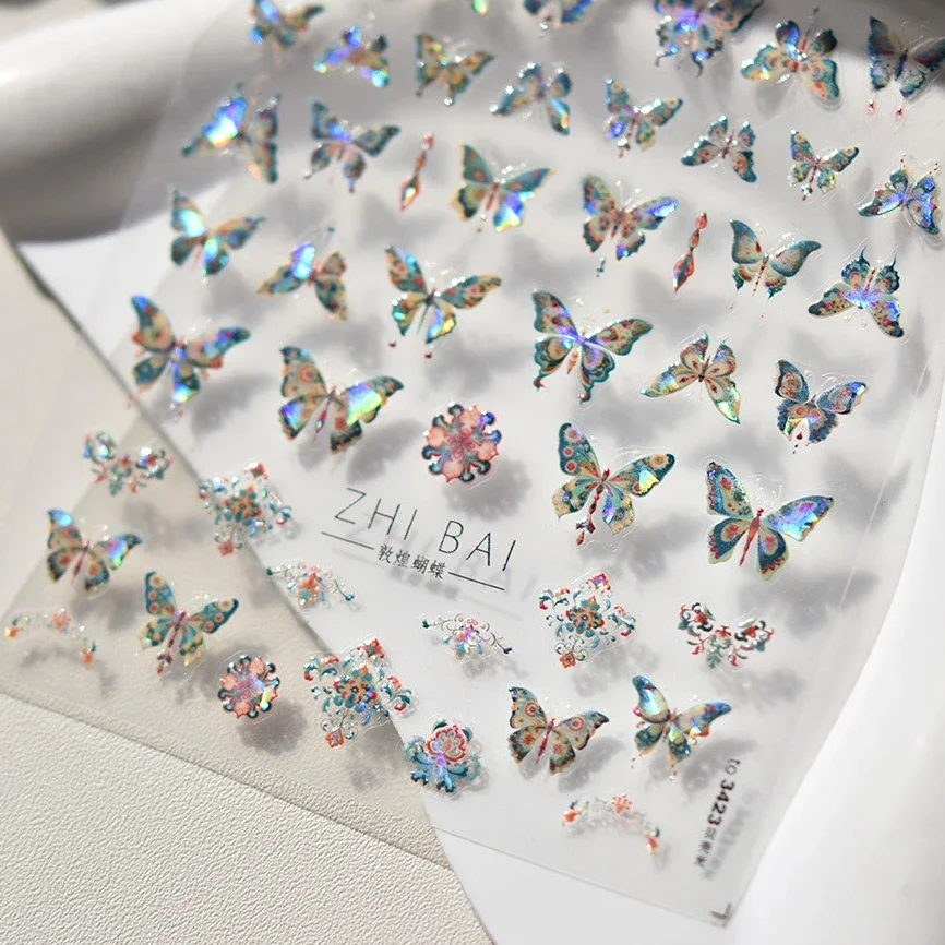 1 قطعة 5D الرجعية الملونة رسمت باليد فراشة ملصقات الأظافر قذيفة ضوء فراشة حجر الراين لينة الإغاثة مسمار الفن ملصقات #5