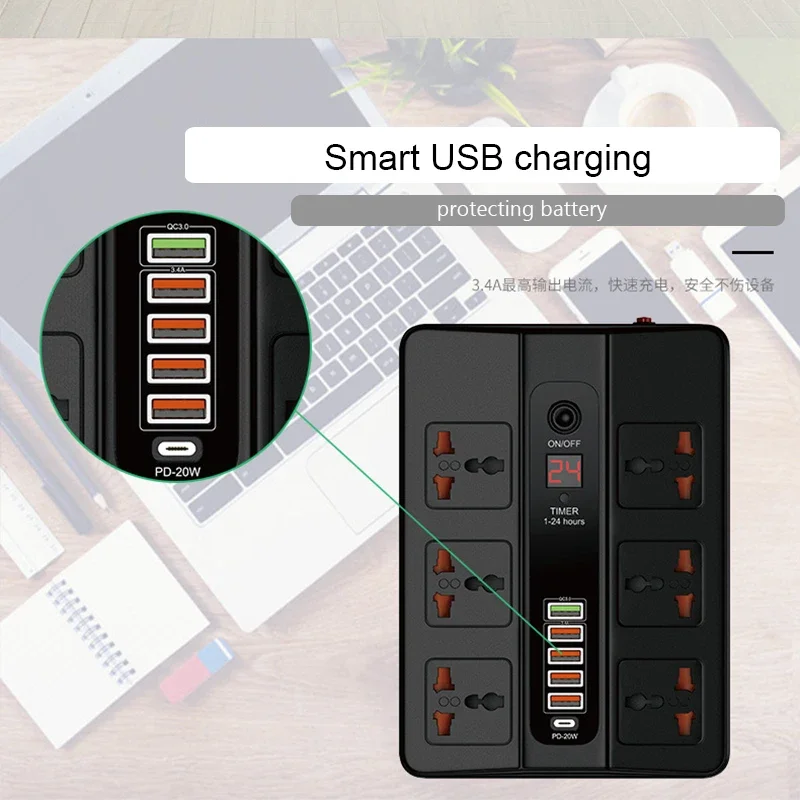 

QC3.0 Fast Charger 6 Ports USB Type-C/PD 18W Quick Charge Station Adapter 3000W 6Ways Univesal Socket Power Strip