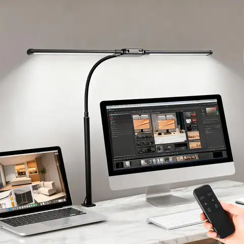 Lampe de bureau LED à double tête réglable avec pince, lumière protectrice pour les yeux pour la maison et le bureau, 10 niveaux de luminosité et 5 modes de couleur