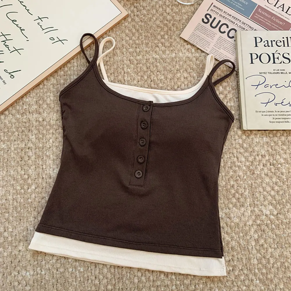 Fake Two-piece Color Blocking Tank Top With Chest Pad Spring Summer Spicy Girl Strap Vest Casual Slim Fit Button Camisole Vest