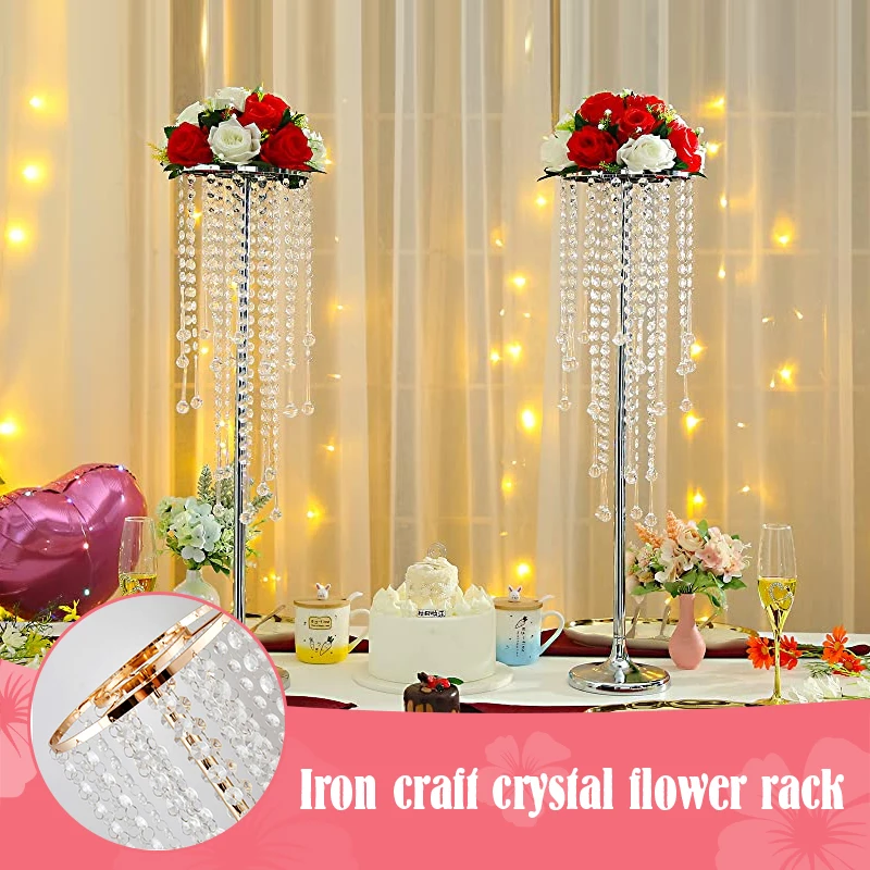 Wedding Crystal Curtain Candle Holders for Centerpiece Decoration Flower Rack Flowers Vase Candlestick Metal Stand Party Decor