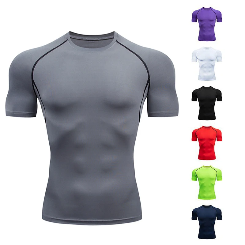 

Мужская компрессионная спортивная футболка с коротким рукавом, быстросохнущая, дышащая, эластичная, спортивная, для бега в тренажерном зале, для тренировок, летний тренировочный топ