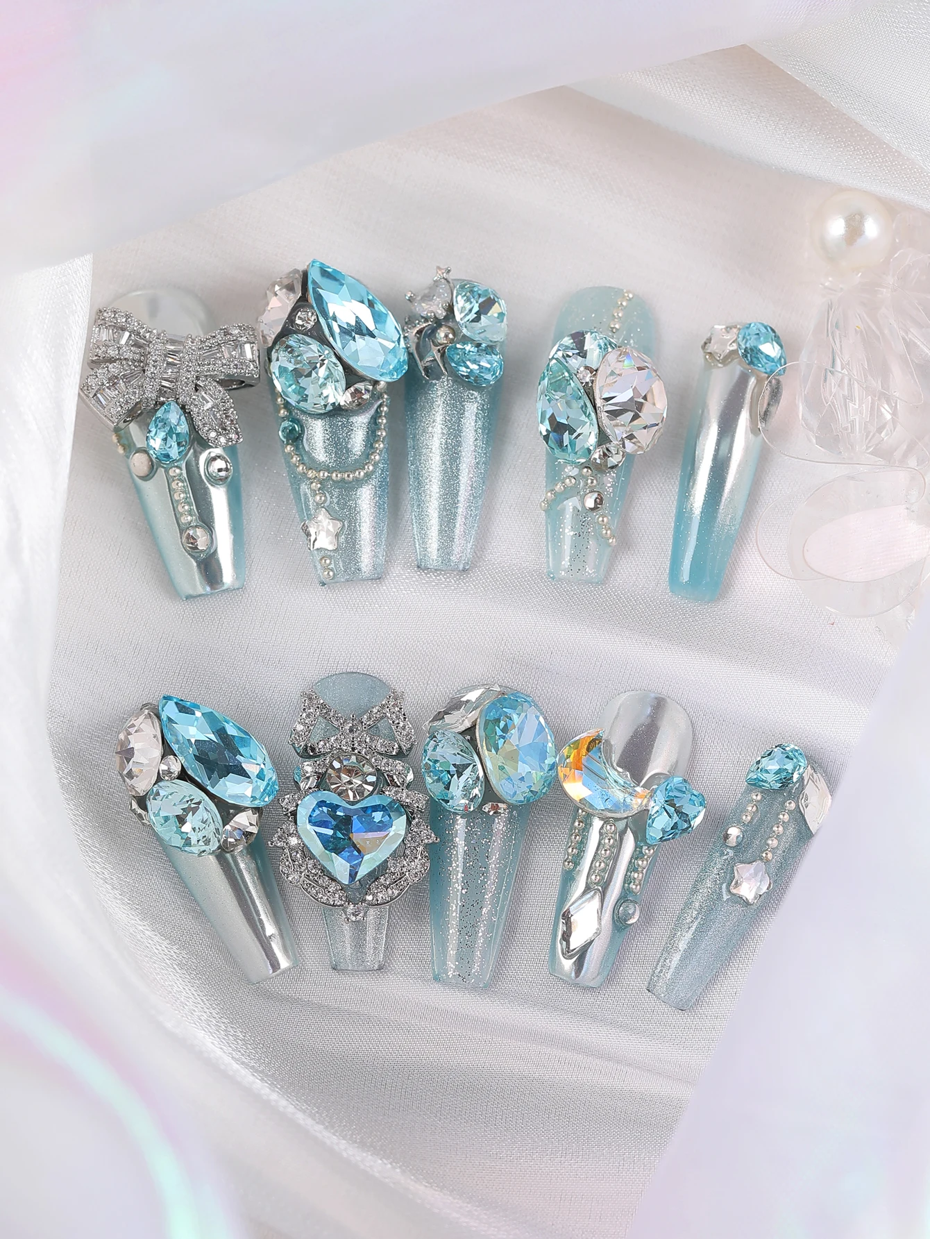 10 Stück Press-on-Nägel „Heavy Industry Blue Diamond“ – Künstliche Nägel inklusive 1 Blatt Klebestreifen & 1 Mini-Feile