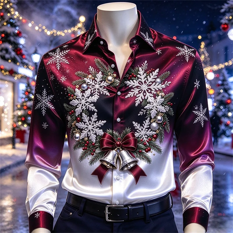 New men's shirt with wine red Christmas wreath, snowflakes, pine branches, silver bells, bow print shirt
