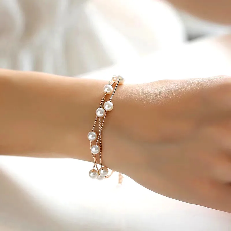 SINLEERY Elegant White Pearl Bracelet 2 Layer Link Chain Bracelets For Women Rose Gold Silver Color Wedding Jewelry SL061