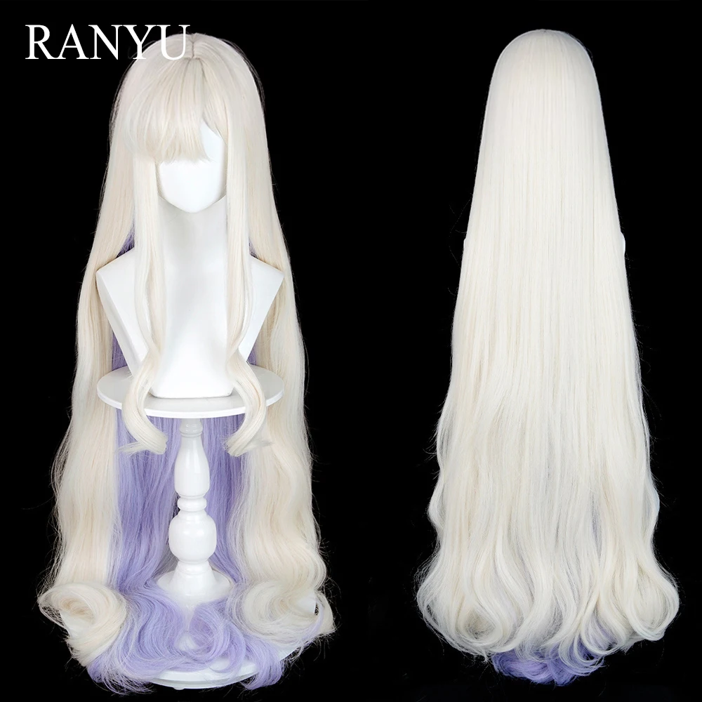 White Blonde Ombre Purple Highlights Layered Synthetic Wig Anime Game Cosplay Long Wavy Fluffy Wig for Daily Party