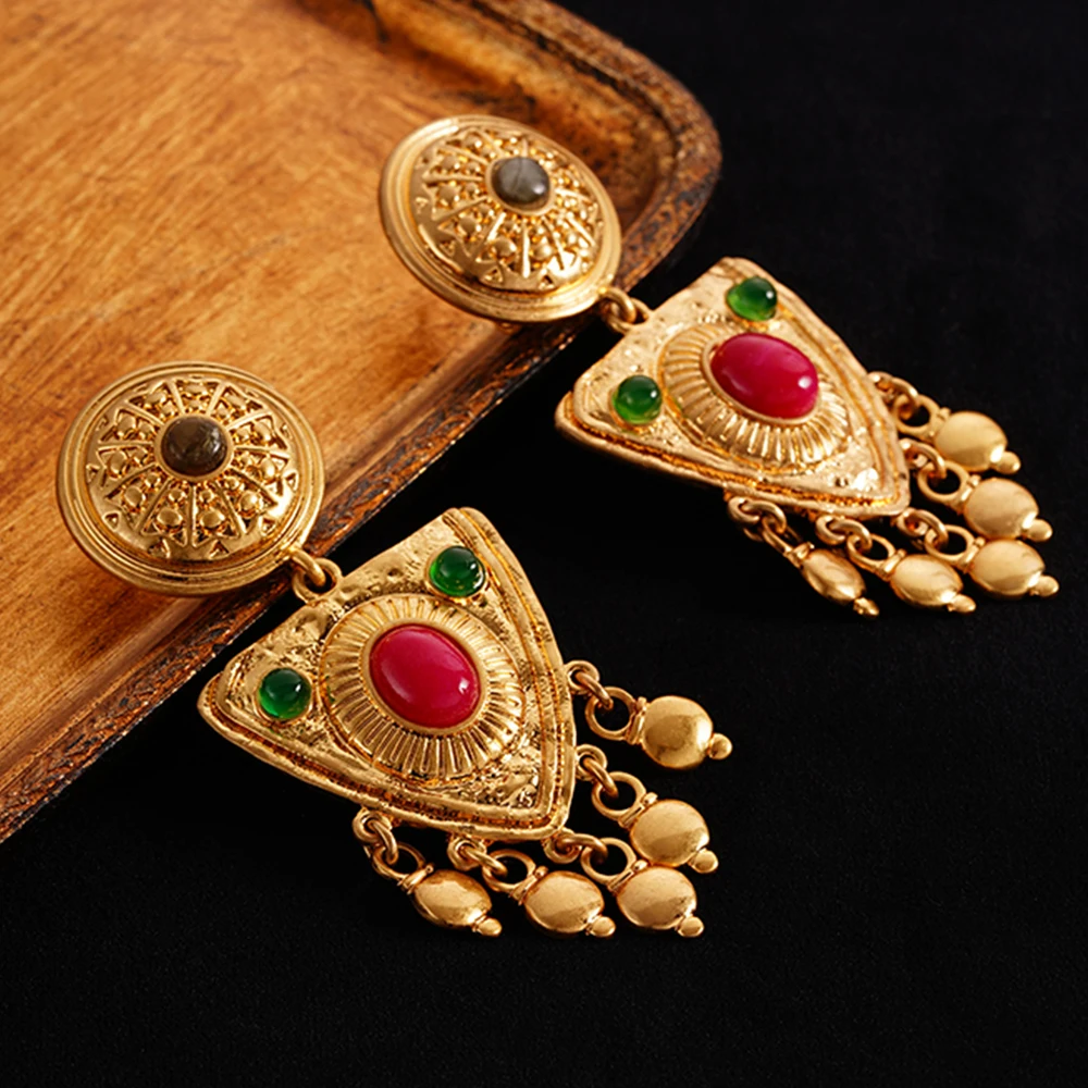 Medieval Retro Red Stone Tassels Gold-plated Earring Classic Vintage Fashion Moroccan Jewelry For Women