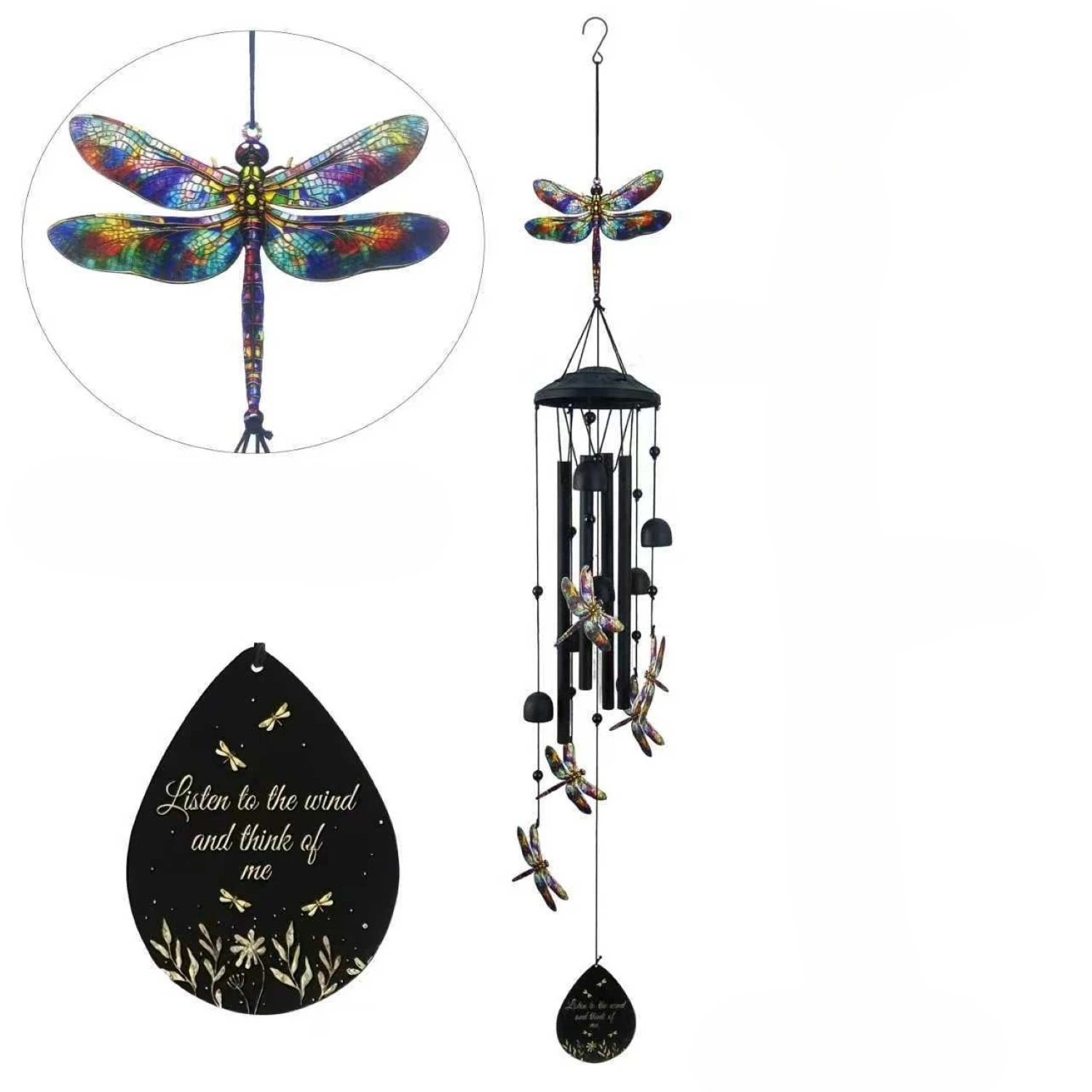 Outdoor metal wind chime with dragonfly butterfly hummingbird for garden patio balcony and indoor decoration ambiance