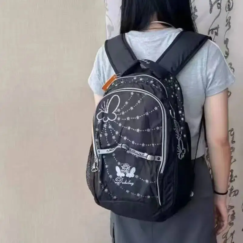 Bloom Retro Large Capacity Black Backpack College Student Print Schoolbag Women 2025 Vintage Versatile Y2k Backpacks Aesthetic
