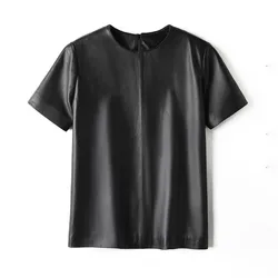 Women Real Leather T-shirt Short Sleeve Soft Matte Leather Tees Female Causal O-neck Vest