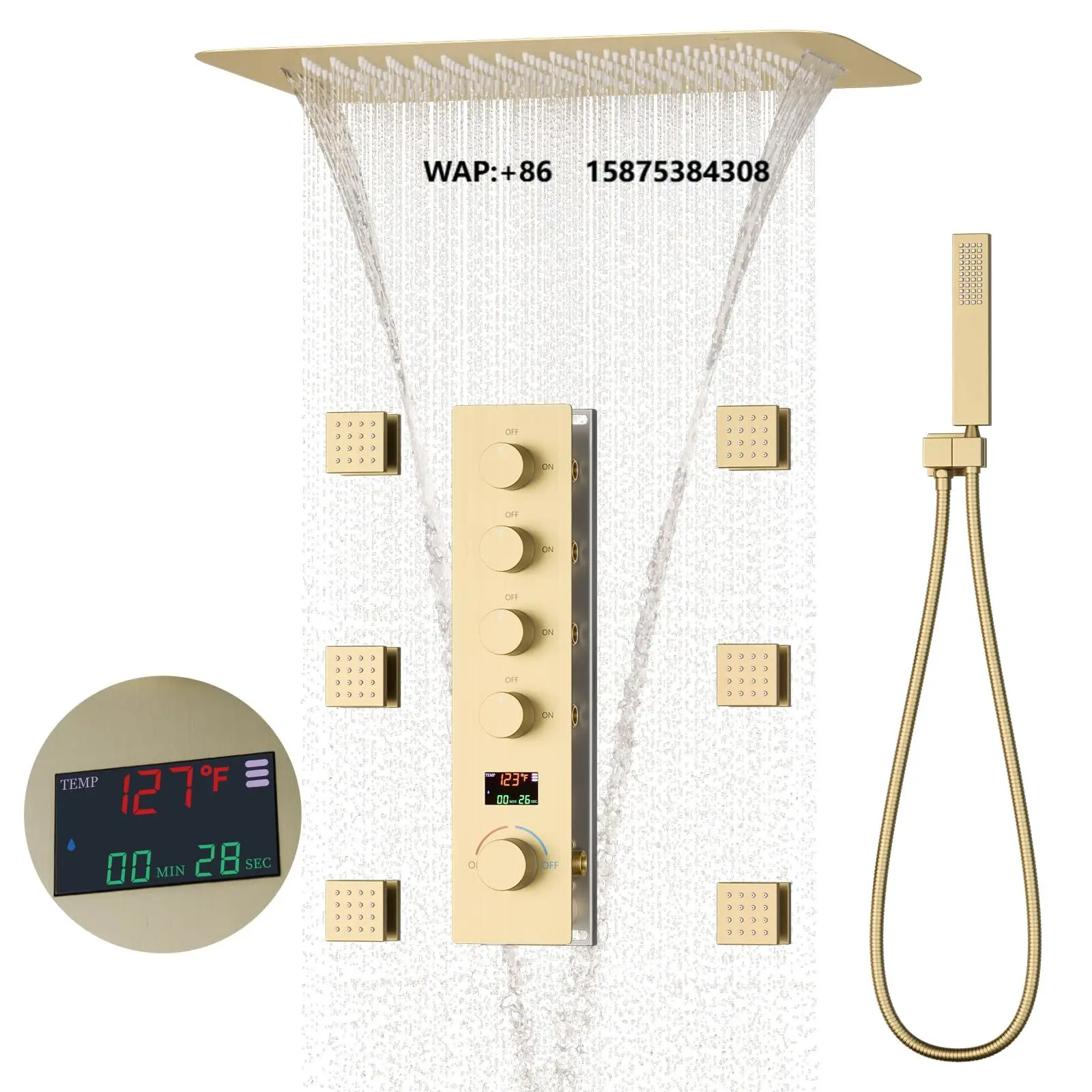 Brushed Gold Uncoated Brass Thermostat Rainfall Shower Mixer Faucet Set Luxury Digital Display Shower Complete Set