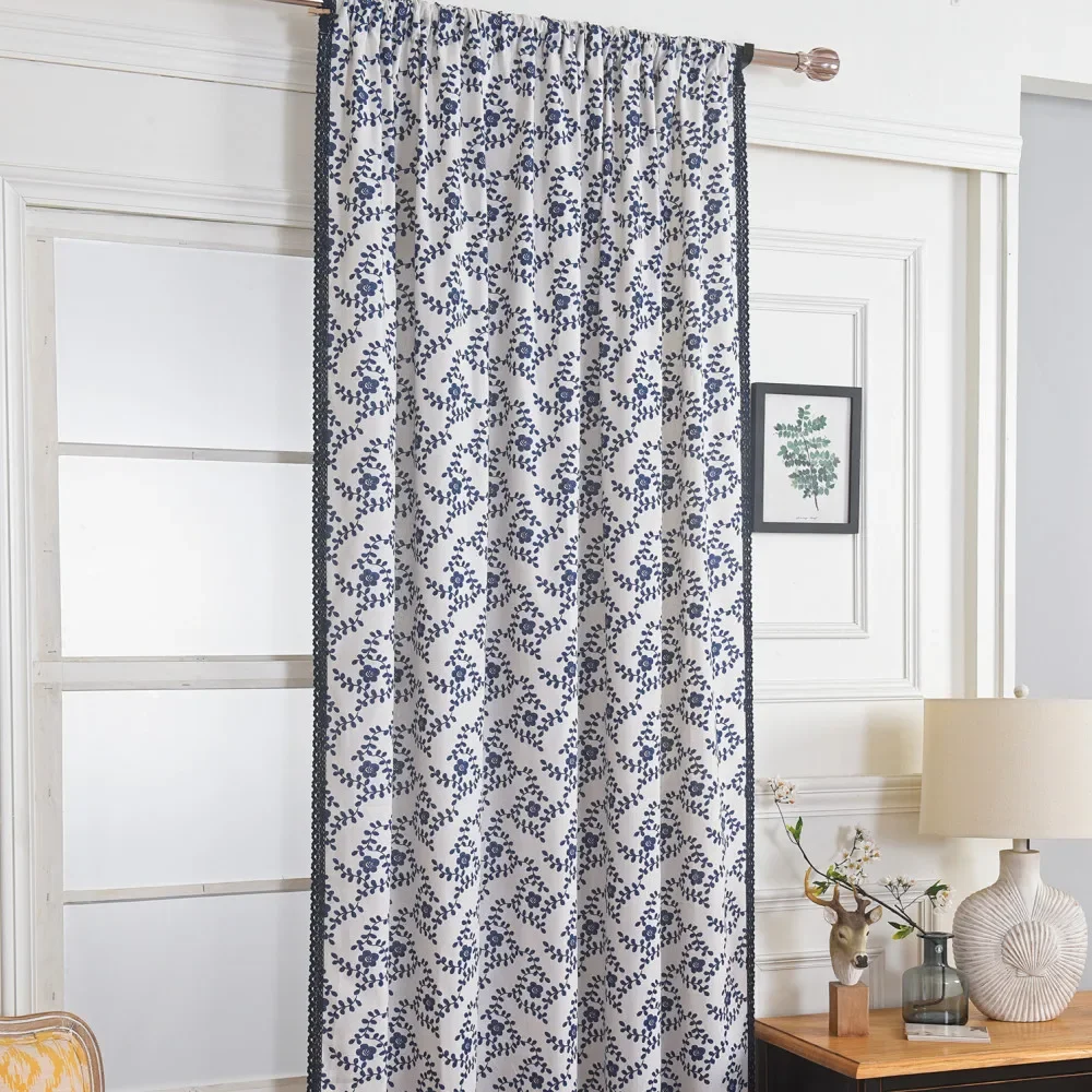 

Cotton Linen American Blue Plum Blossom Home Window Curtain Thick Blackout Drapes Bay Window Curtains for The Living Room