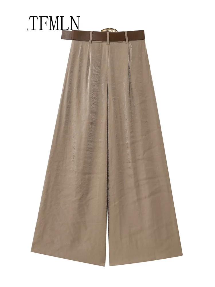 TFMLN Mode Frauen Feste Breite Bein Hose Mit Gürtel 2025, Sommer Chic Kausalen Zipper Volle Hosen Einfache Weibliche High Street Hosen