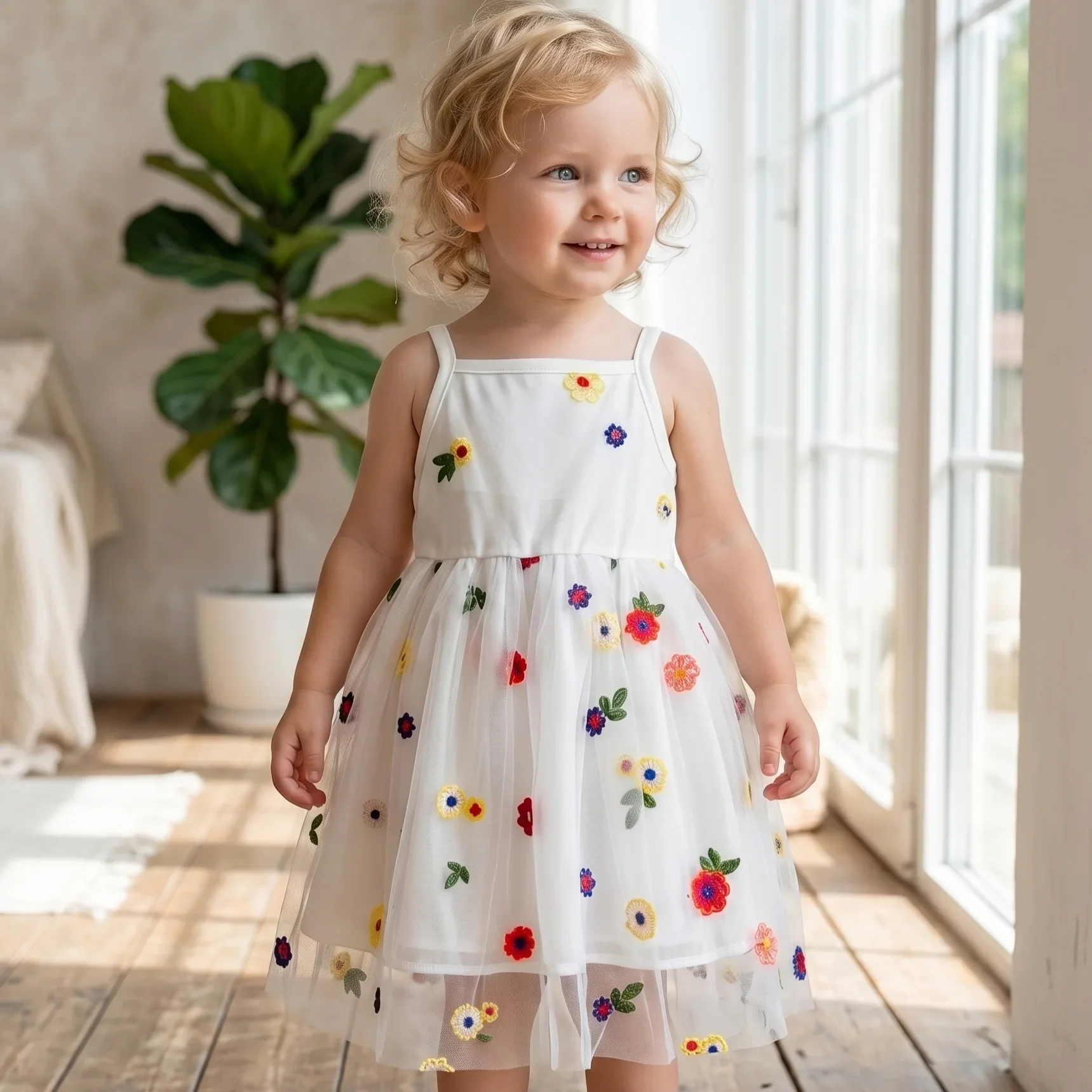Summer New Sweet Colorful Floral Embroidery Baby Girl Princess Dress, Solid Color Sweet Sleeveless Dress Suitable for 0-3Y