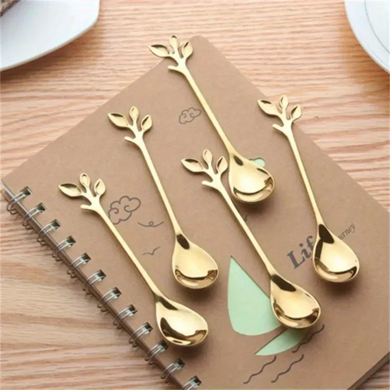 6pcs Creative Personality Gold Spoons Tree Leaf Spoon Coffee Spoon Tea Spoon Home Restaurant Dessert Cutlery Set