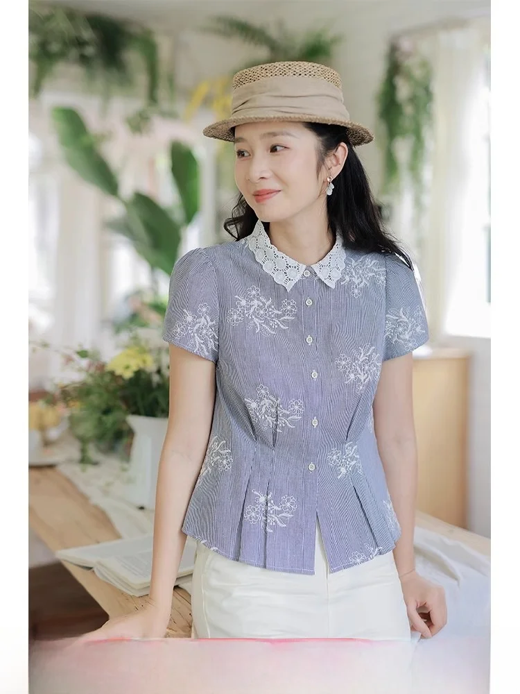 

Blue Embroidered Short Sleeve Shirt Women's Slim Fit Design Summer New Style Cotton Breathable Collar Button up Top