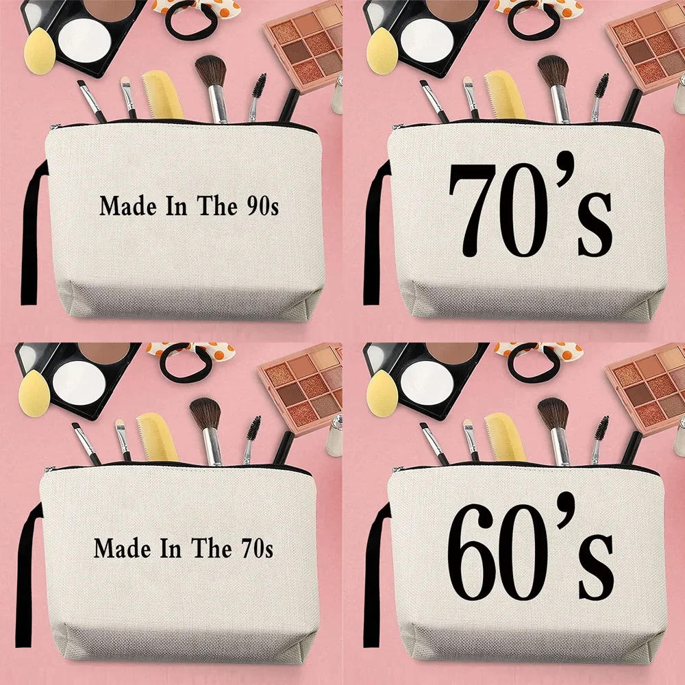 Fashion Woman Makeup Storage Bag Portable Travel Toiletries Canvas Year Pattern Printed Belt Zipper Beige Coin Purse Pencil Case
