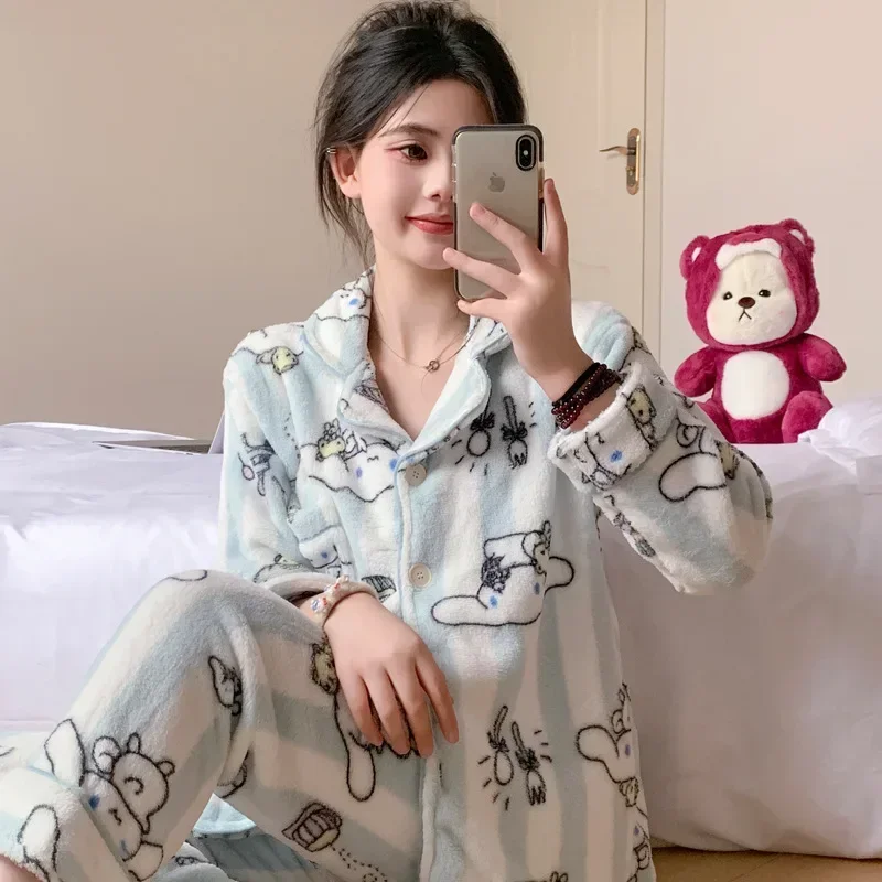 Sanrio Cinnamoroll Babycinnamoroll Winter Pure Cotton Warm Loungewear Women\'s Pajamas Silk Pajamas Women\'s Sleepwear Suit