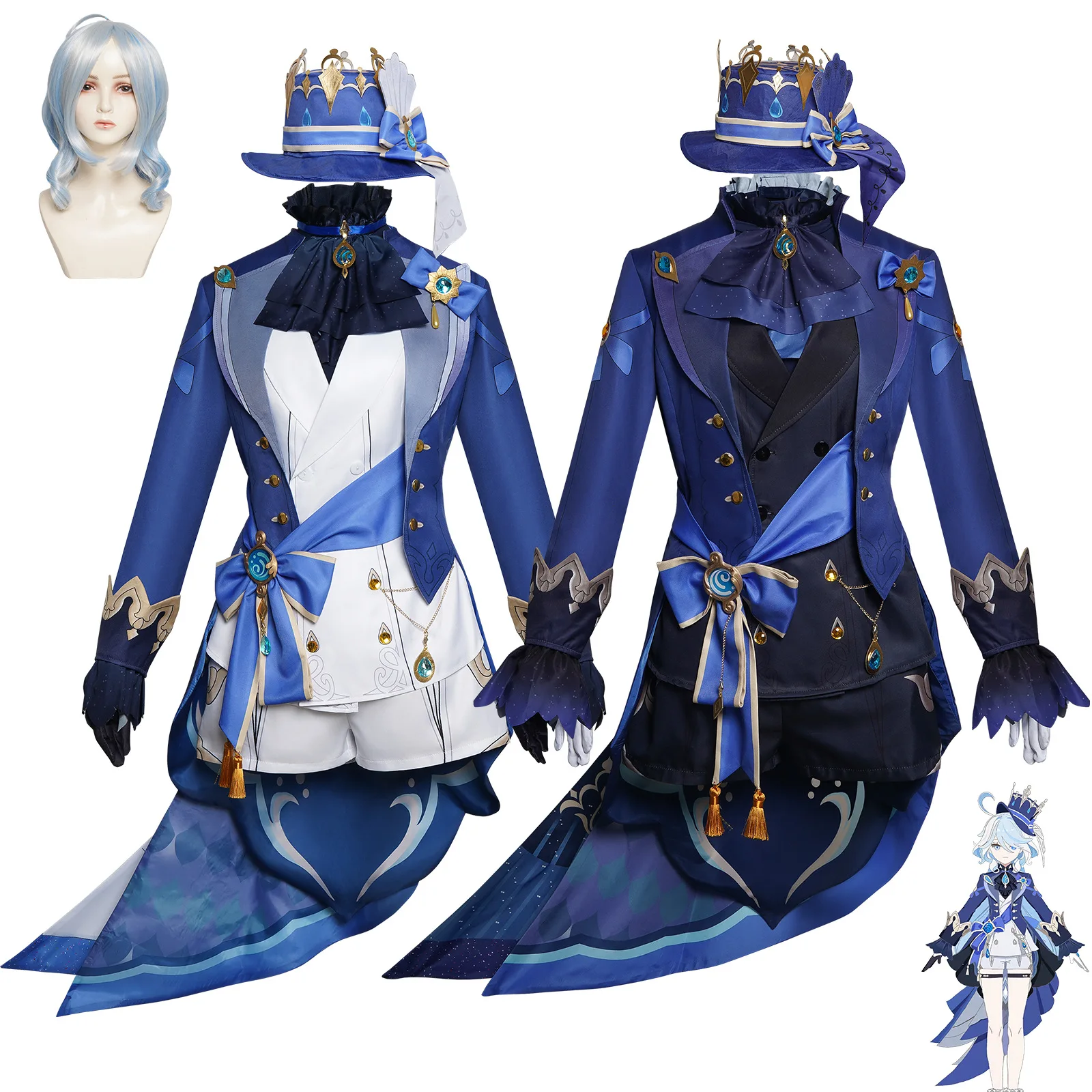 

Genshin Impact Furina Cosplay Costume Full Set with Wig Focalors Fontaine Archon God Outfit White Blue Dress for Convention
