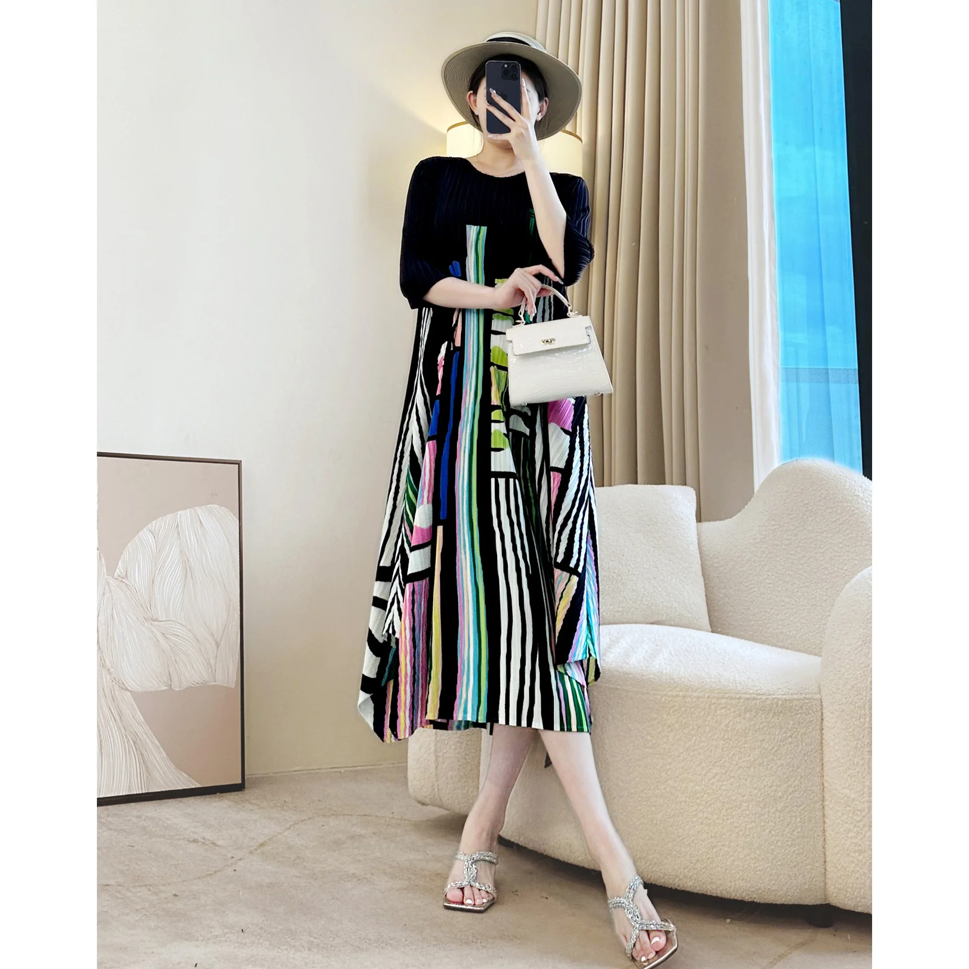 

Miyake Black Pleated Dress Women's Spring and Autumn Loose Belly Cover High-end Elegant Medium and Long Printed Skirt