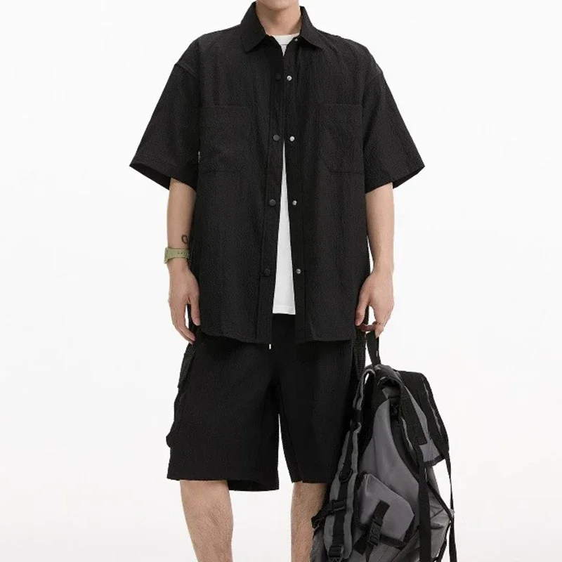 

Лето 2025 г., свободная мужская одежда для повседневного отдыха, рубашки-карго с короткими рукавами и лацканами и шорты-карго, мужские костюмы из двух предметов, винтажные комплекты
