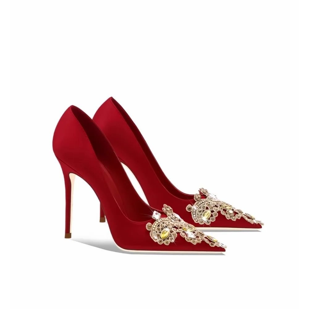 

Red Wedding Shoes 2026 New Bride High Heels Rhinestone Comfortable