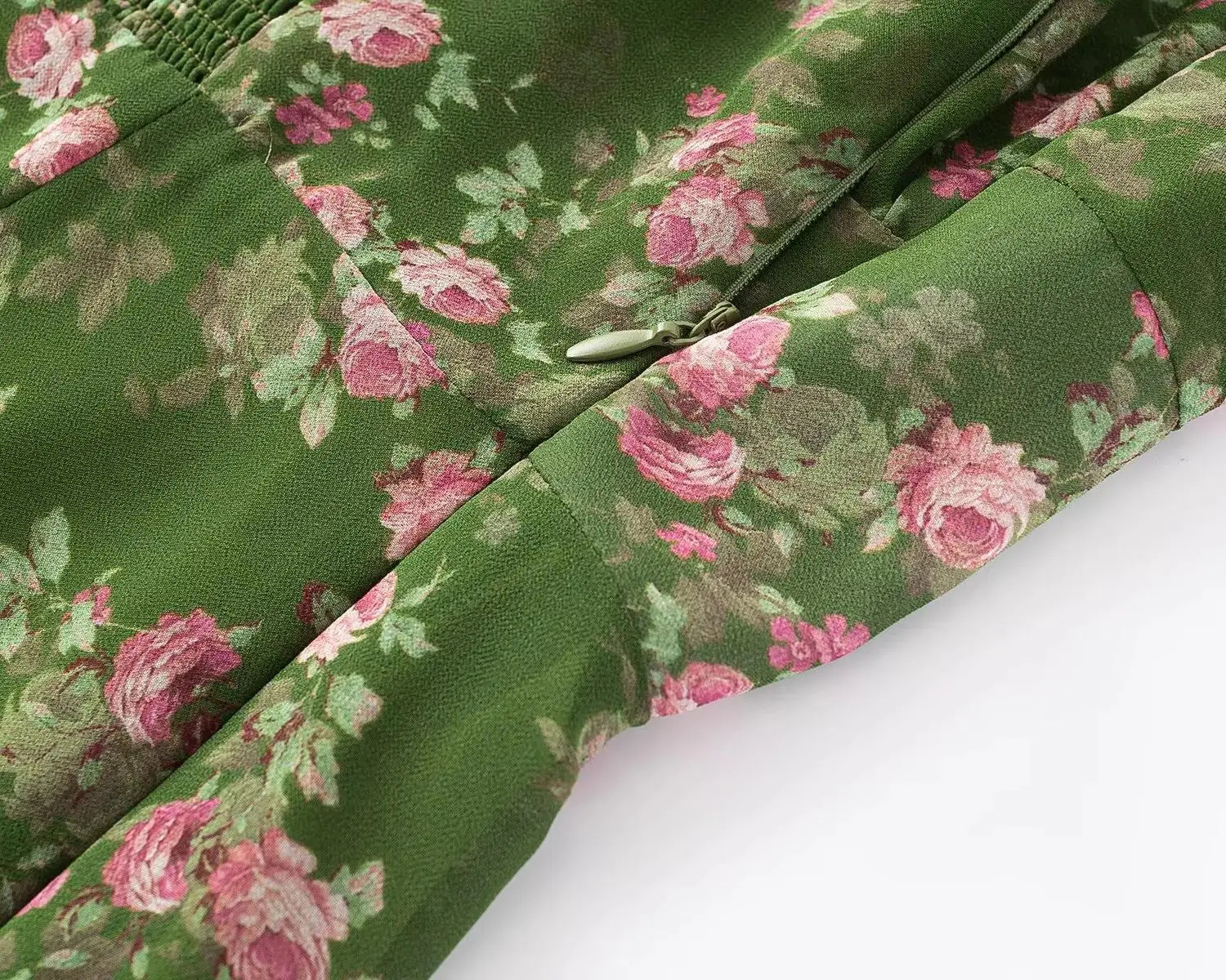 夏の花柄グリーンシフォンドレス女性スパゲッティストラップミディドレス