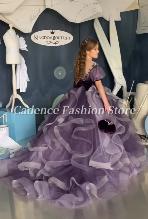 Personalizado lindo roxo flor menina vestidos flor applique arco vestidos de princesa vestidos de baile de casamento vestidos de festa de aniversário