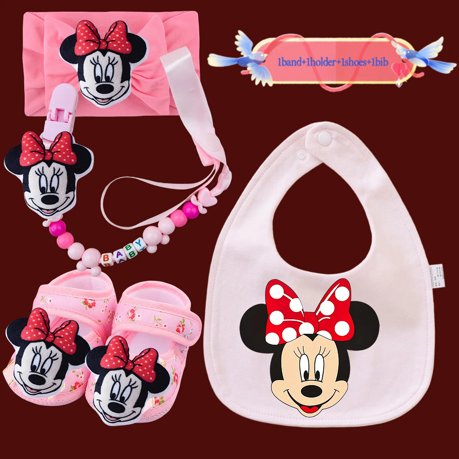 

4 pieces/batch of baby saliva towels cute baby hair bands Kawaii baby chain clips baby shoes baby girl bibs newborn burp cloths