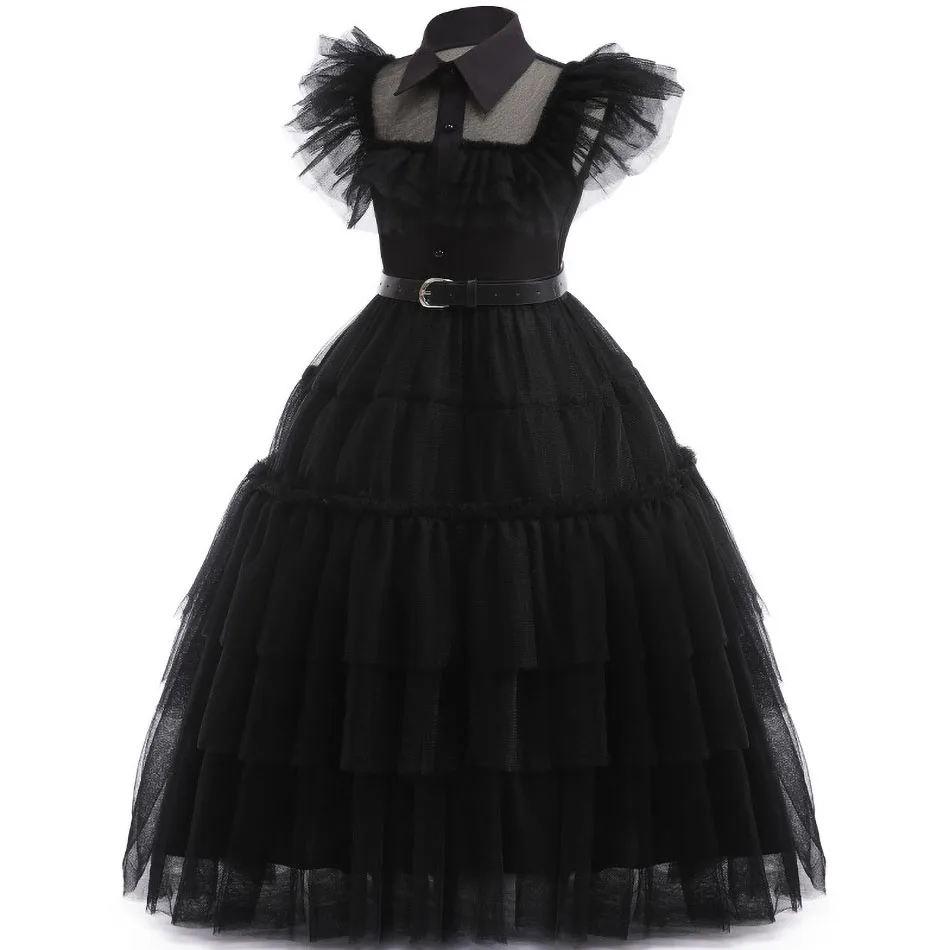 Girls Wednesday Costume Kids Addams Cosplay Black Dress Children Family Party Christmas Tulle Outfit Summer Halloween Fantasy