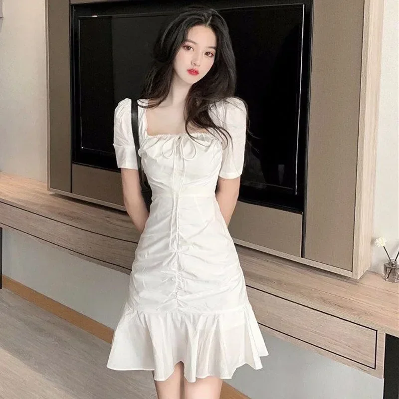 Summer Hepburn style women's short stature slimming bubble sleeves white pleated ruffled fish tail new Chinese style dress