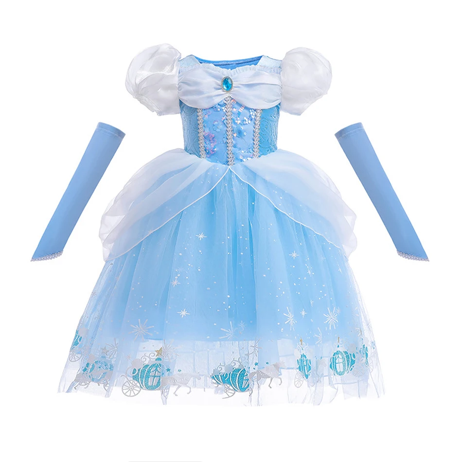 Shoulderoff Blue Cinderella Dress For Girl Glitter Pumpkin Carriage Print Princess Cosplay Costume Halloween Carnival Fancy Sets