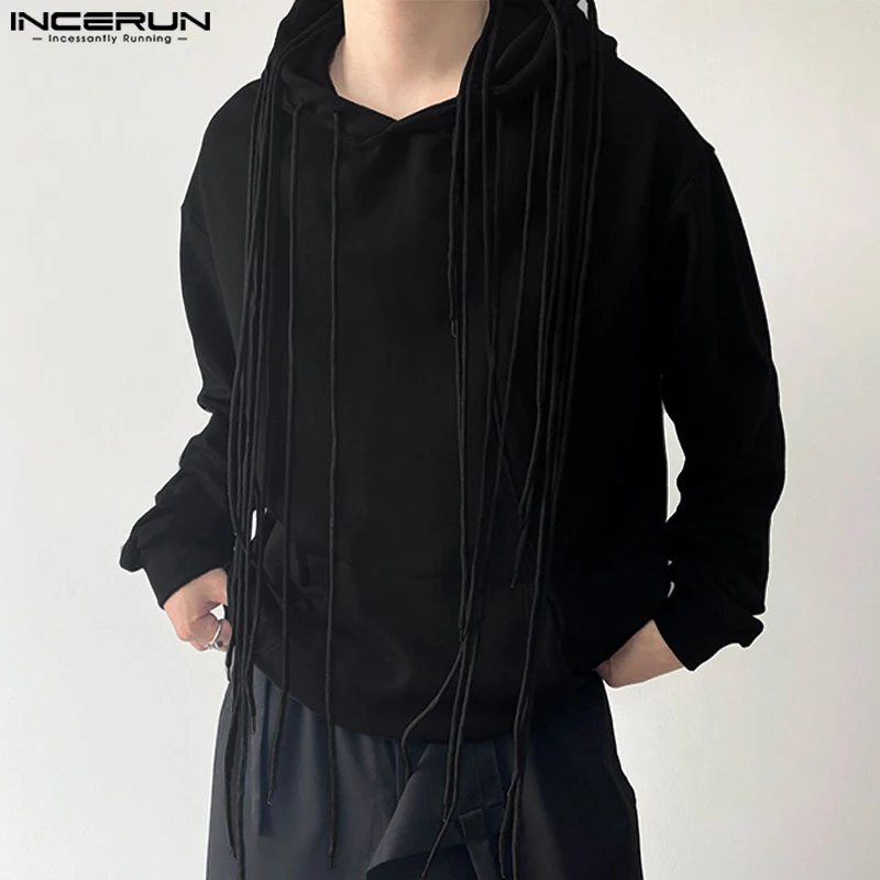 Fashion Well Fitting Tops INCERUN New Men's Tassel Ribbon Hooded Sweatshirt Casual Personality Solid Long Sleeved Hoodies S-5XL