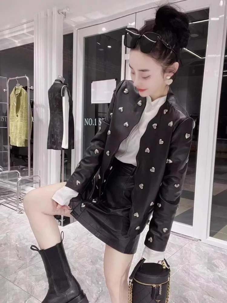 Fashion Women Heart Rivets Genuine Leather Jacket Mini Skirt Two Piece Set Elegant Office Ladies Slim Fit Real Sheepskin Outfits