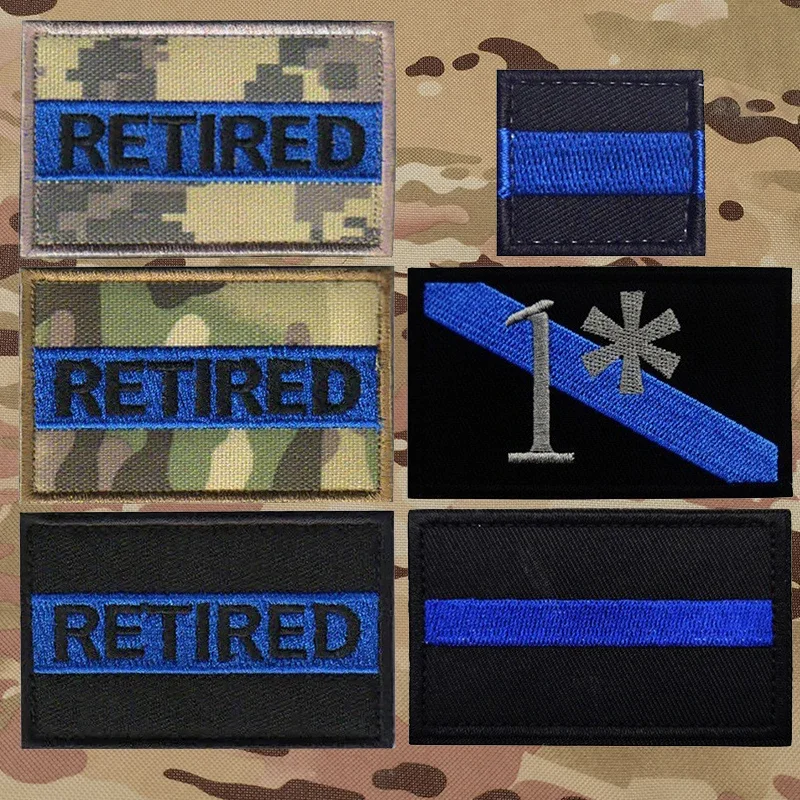 Retired Thin Blue Line Embroidery Patches Tactical Military Emblem Appliqued Sticker On Clothing With Hook And Loop