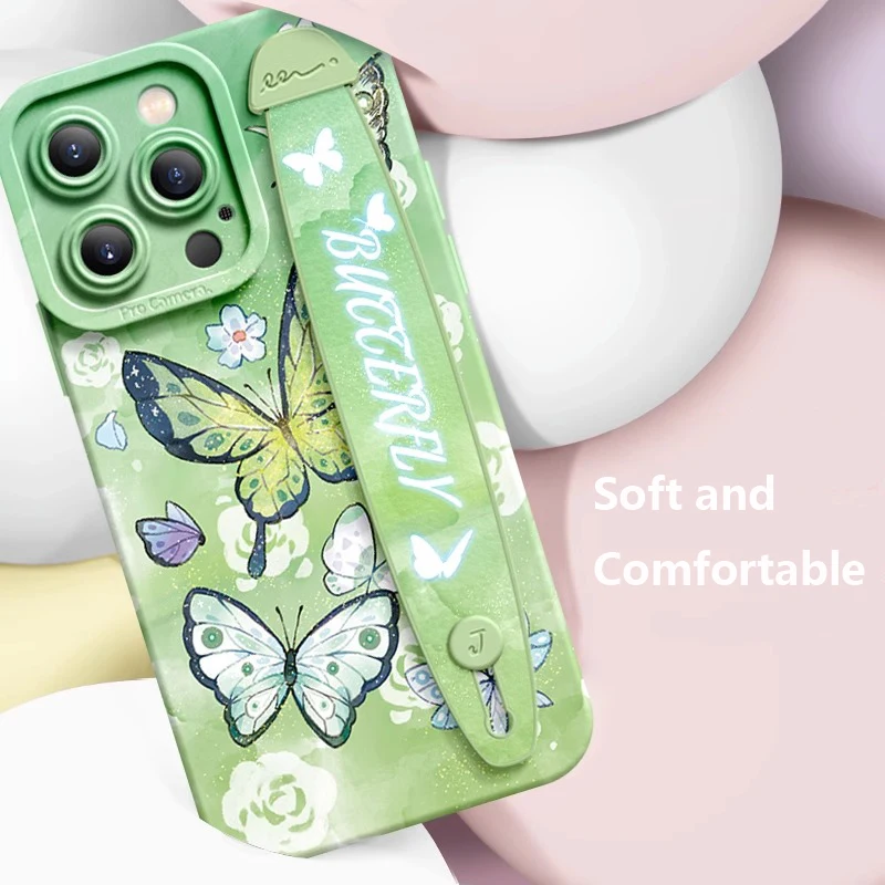 Deluxe Wrist Band Bracket Case For iphone 15 14 13 12 11 Pro Max XR X Silicone Cell Phone Protective Cover Colorful Butterflies